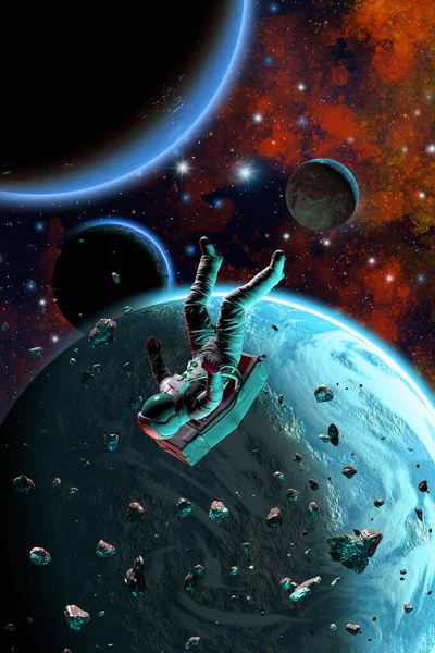 Uzaydaki astronot, yabancı bir gezegen sisteminin etrafında yüzüyor.