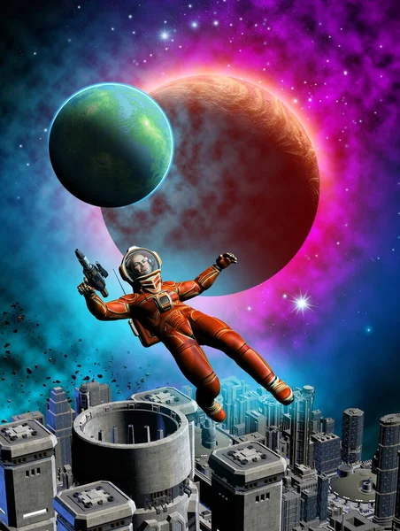 Astronaut Flyter Rymden Nära Rymdbas Främmande Planetsystem Illustration — Stockfoto
