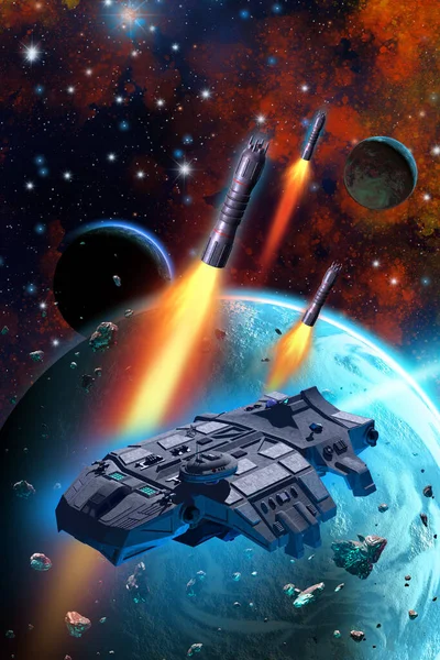 Raumschiff Unter Raketenbeschuss Das Ein Außerirdisches Planetensystem Kreist Illustration — Stockfoto