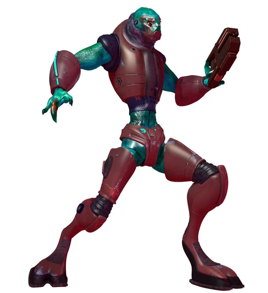机器人半机械人 携带武器的外星生物 红色盔甲的战士 3D插图 — 图库照片