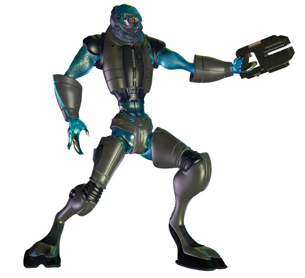 ロボットサイボーグ 武器で武装エイリアンの生き物 金属鎧を持つ戦士 3Dイラスト — ストック写真