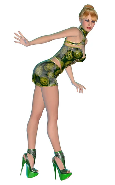Menina Atraente Vestido Verde Sapatos Salto Alto Ilustração — Fotografia de Stock