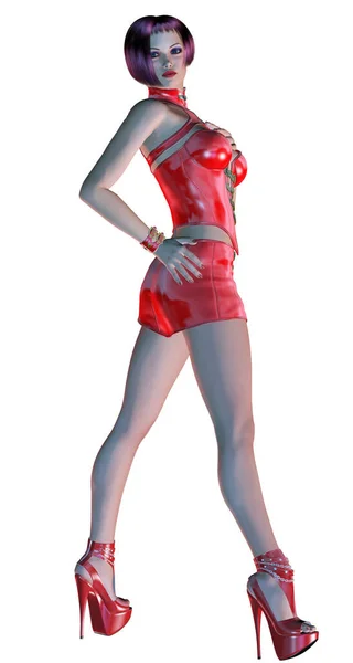 赤いラテックスのドレスの魅力的な女の子 3Dイラスト — ストック写真