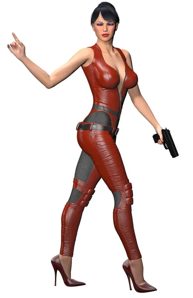 Kırmızı Elbiseli Yüksek Topuklu Ayakkabılı Silahlı Bir Kadın — Stok fotoğraf