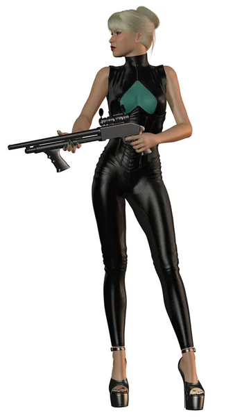 Soldado Futurista Uniforme Negro Con Rifle Mujer Atractiva — Foto de Stock
