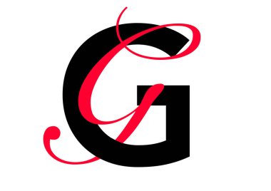 Çift tipografik biçimli büyük harf, siyah sans serif yazı tipi ve kırmızı yazı tipi, G harfi
