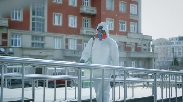 Corona virus. Man white protective chemical suit disinfect. Covid-19 coronavirus — Stock Video