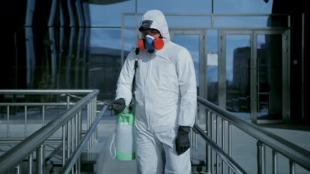 Urban public disinfecting. Disinfectant railing. Handrails and handle. Covid-19. — Stock Video