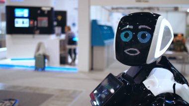 Sevimli robot utangaç görünümlü kamera, sevimli gülümseme pikseli dijital ekran. Portre.