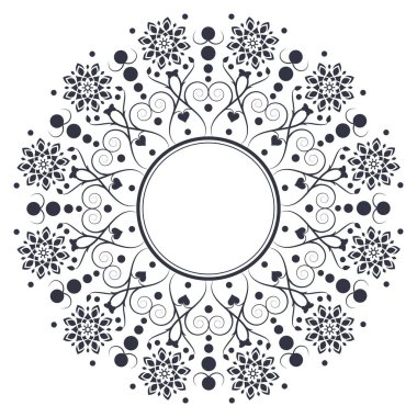 Dekoratif yuvarlak çerçeve tasarımı ile soyut çiçek süsleme için. Daire kare. Bir şablon baskı kartpostallar, davetiyeler, kitaplar, tekstil, gravür, ahşap mobilyalar, sıcak dövme. Vektör.