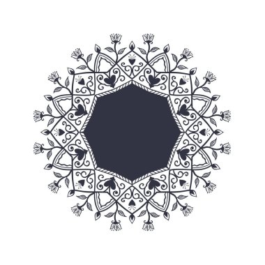 Dekoratif yuvarlak çerçeve tasarımı ile soyut çiçek süsleme için. Daire kare. Bir şablon baskı kartpostallar, davetiyeler, kitaplar, tekstil, gravür, ahşap mobilyalar, sıcak dövme. Vektör.