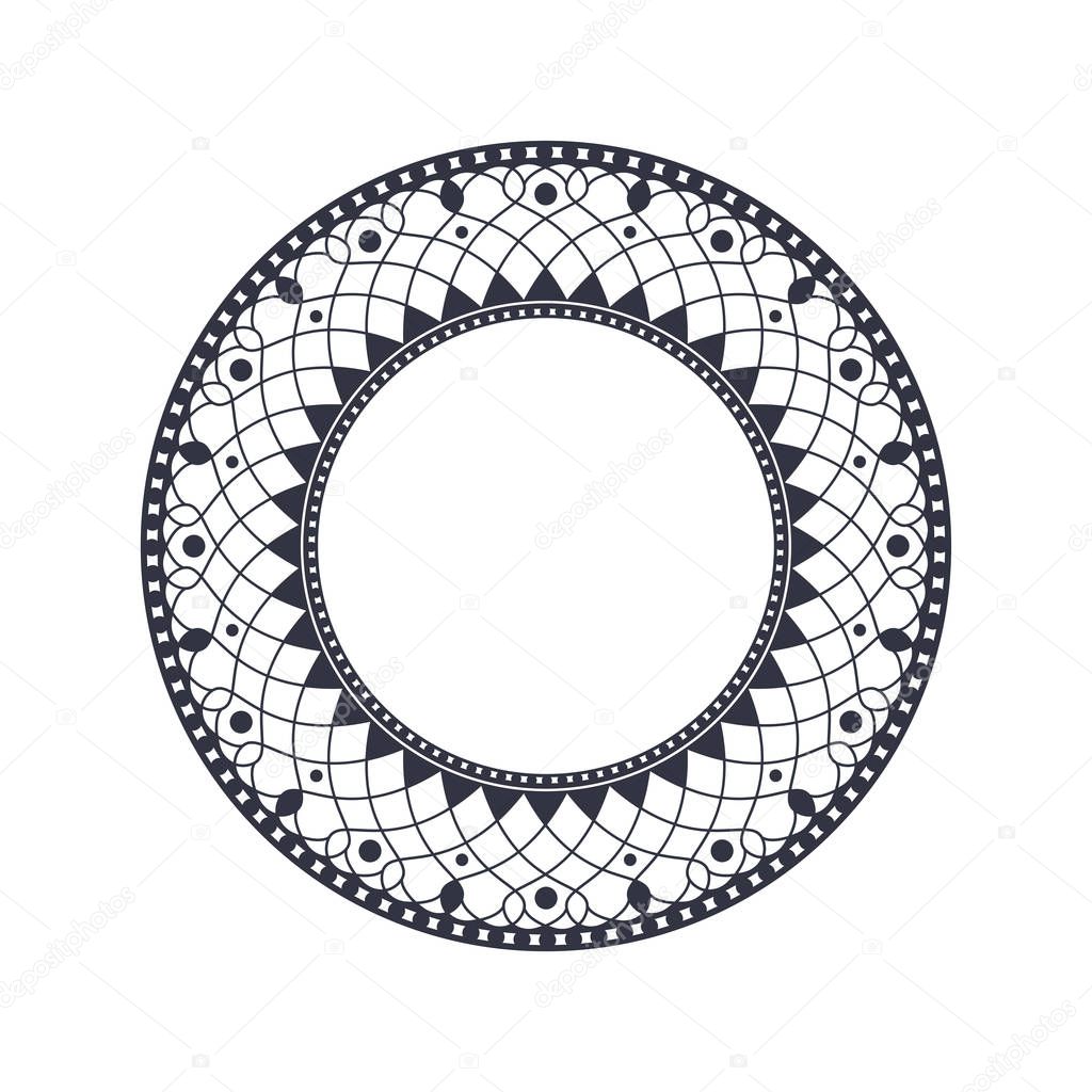 Decorative round frame for design with abstract floral ornament. Circle frame. A template for printing postcards, invitations, books, for textiles, engraving, wooden furniture, forging. Vector.