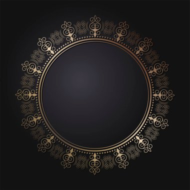 Dekoratif açılış çerçevesi, siyah arkaplanda altın soyut desenli. Dairesel süs. Tasarım için zarif bir unsur. Vektör.