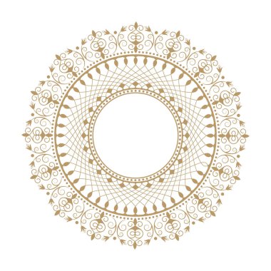 Dekoratif açılış çerçevesi, siyah arkaplanda altın soyut desenli. Dairesel süs. Tasarım için zarif bir unsur. Vektör.