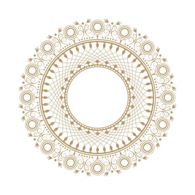 Dekoratif açılış çerçevesi, siyah arkaplanda altın soyut desenli. Dairesel süs. Tasarım için zarif bir unsur. Vektör.