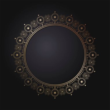 Dekoratif açılış çerçevesi, siyah arkaplanda altın soyut desenli. Dairesel süs. Tasarım için zarif bir unsur. Vektör.