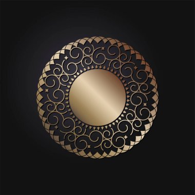 Dekoratif açılış çerçevesi, siyah arkaplanda altın soyut desenli. Dairesel süs. Tasarım için zarif bir unsur. Vektör.