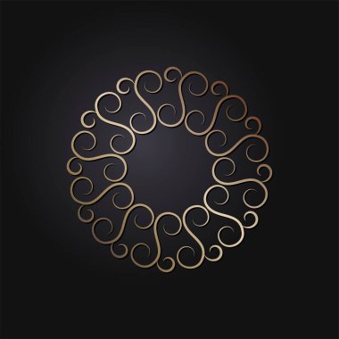 Dekoratif açılış çerçevesi, siyah arkaplanda altın soyut desenli. Dairesel süs. Tasarım için zarif bir unsur. Vektör.