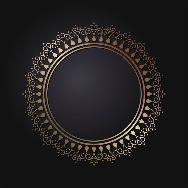 Декоративная открытая круглая рамка с золотым абстрактным узором на черном фоне. Круглое украшение. Элегантный элемент дизайна. Вектор.