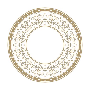 Dekoratif açılış çerçevesi, siyah arkaplanda altın soyut desenli. Dairesel süs. Tasarım için zarif bir unsur. Vektör.