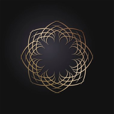 Dekoratif açılış çerçevesi, siyah arkaplanda altın soyut desenli. Dairesel süs. Tasarım için zarif bir unsur. Vektör.