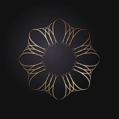 Dekoratif açılış çerçevesi, siyah arkaplanda altın soyut desenli. Dairesel süs. Tasarım için zarif bir unsur. Vektör.