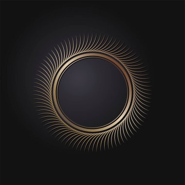 Dekoratif açılış çerçevesi, siyah arkaplanda altın soyut desenli. Dairesel süs. Tasarım için zarif bir unsur. Vektör.