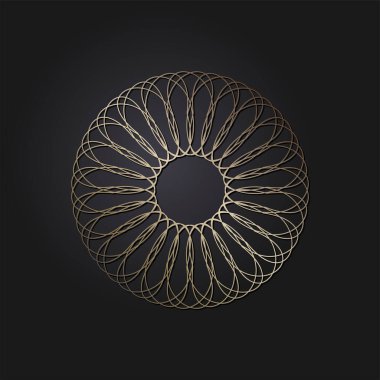 Dekoratif açılış çerçevesi, siyah arkaplanda altın soyut desenli. Dairesel süs. Tasarım için zarif bir unsur. Vektör.