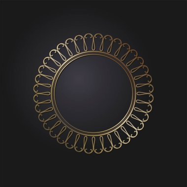 Dekoratif açılış çerçevesi, siyah arkaplanda altın soyut desenli. Dairesel süs. Tasarım için zarif bir unsur. Vektör.