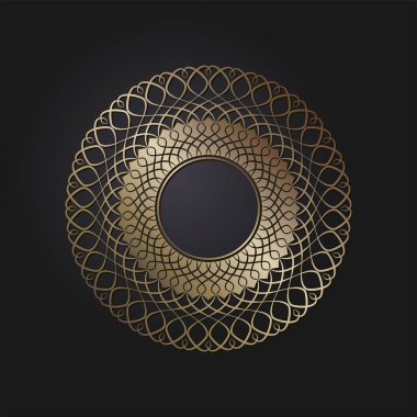 Dekoratif açılış çerçevesi, siyah arkaplanda altın soyut desenli. Dairesel süs. Tasarım için zarif bir unsur. Vektör.