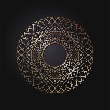 Dekoratif açılış çerçevesi, siyah arkaplanda altın soyut desenli. Dairesel süs. Tasarım için zarif bir unsur. Vektör.