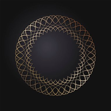 Dekoratif açılış çerçevesi, siyah arkaplanda altın soyut desenli. Dairesel süs. Tasarım için zarif bir unsur. Vektör.