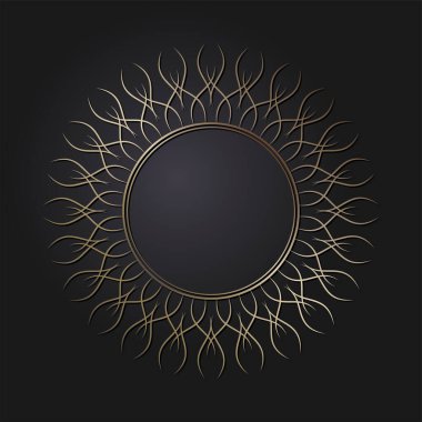 Dekoratif açılış çerçevesi, siyah arkaplanda altın soyut desenli. Dairesel süs. Tasarım için zarif bir unsur. Vektör.