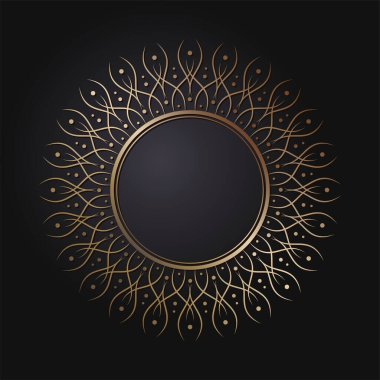 Dekoratif açılış çerçevesi, siyah arkaplanda altın soyut desenli. Dairesel süs. Tasarım için zarif bir unsur. Vektör.