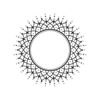 Dekoratif açılış çerçevesi, siyah arkaplanda altın soyut desenli. Dairesel süs. Tasarım için zarif bir unsur. Vektör.