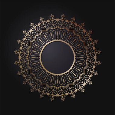 Dekoratif açılış çerçevesi, siyah arkaplanda altın soyut desenli. Dairesel süs. Tasarım için zarif bir unsur. Vektör.