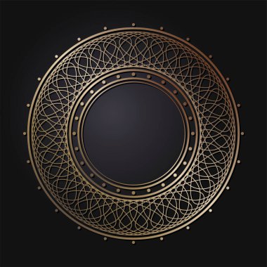 Dekoratif açılış çerçevesi, siyah arkaplanda altın soyut desenli. Dairesel süs. Tasarım için zarif bir unsur. Vektör.