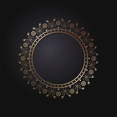 Dekoratif açılış çerçevesi, siyah arkaplanda altın soyut desenli. Dairesel süs. Tasarım için zarif bir unsur. Vektör.