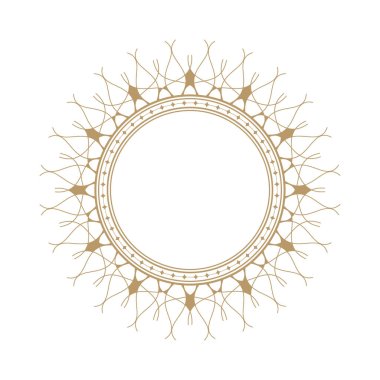 Dekoratif açılış çerçevesi, siyah arkaplanda altın soyut desenli. Dairesel süs. Tasarım için zarif bir unsur. Vektör.