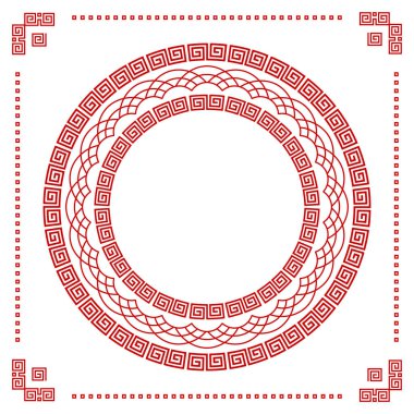 Çin aksesuarlarıyla dekoratif yuvarlak çerçeve. Çember çerçeve. Baskı kartları, davetiyeler, kitaplar, tekstil, gravür, ahşap mobilya, sahtecilik için şablon. Vektör.