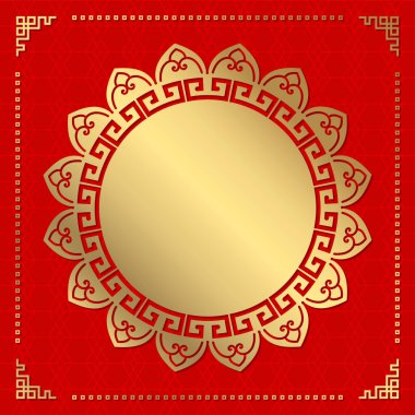 Çin aksesuarlarıyla dekoratif yuvarlak çerçeve. Çember çerçeve. Baskı kartları, davetiyeler, kitaplar, tekstil, gravür, ahşap mobilya, sahtecilik için şablon. Vektör.