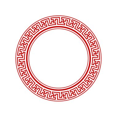Çin aksesuarlarıyla dekoratif yuvarlak çerçeve. Çember çerçeve. Baskı kartları, davetiyeler, kitaplar, tekstil, gravür, ahşap mobilya, sahtecilik için şablon. Vektör.