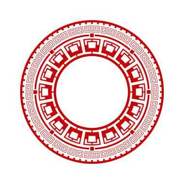 Çin aksesuarlarıyla dekoratif yuvarlak çerçeve. Çember çerçeve. Baskı kartları, davetiyeler, kitaplar, tekstil, gravür, ahşap mobilya, sahtecilik için şablon. Vektör.
