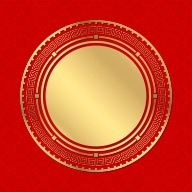 Çin aksesuarlarıyla dekoratif yuvarlak çerçeve. Çember çerçeve. Baskı kartları, davetiyeler, kitaplar, tekstil, gravür, ahşap mobilya, sahtecilik için şablon. Vektör.