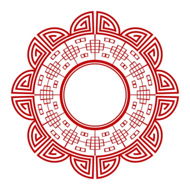 Çin aksesuarlarıyla dekoratif yuvarlak çerçeve. Çember çerçeve. Baskı kartları, davetiyeler, kitaplar, tekstil, gravür, ahşap mobilya, sahtecilik için şablon. Vektör.