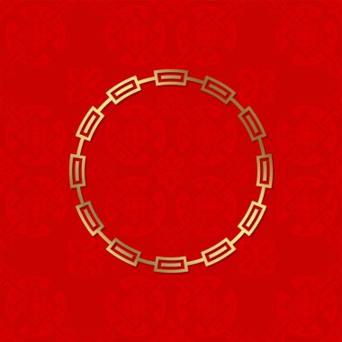 Çin aksesuarlarıyla dekoratif yuvarlak çerçeve. Çember çerçeve. Baskı kartları, davetiyeler, kitaplar, tekstil, gravür, ahşap mobilya, sahtecilik için şablon. Vektör.