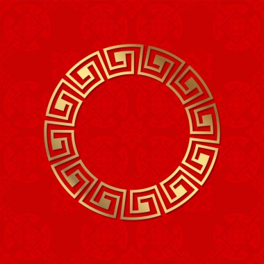 Çin aksesuarlarıyla dekoratif yuvarlak çerçeve. Çember çerçeve. Baskı kartları, davetiyeler, kitaplar, tekstil, gravür, ahşap mobilya, sahtecilik için şablon. Vektör.