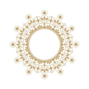 Soyut çiçek desenli dekoratif yuvarlak tasarım çerçevesi. Dairesel bir çerçeve. Baskı kartları, davetiyeler, kitaplar, tekstil, gravür, ahşap mobilyalar, sahtecilik için şablonlar. Vektör