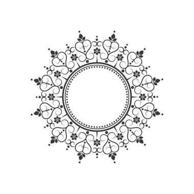 Soyut çiçek desenli dekoratif yuvarlak tasarım çerçevesi. Dairesel bir çerçeve. Baskı kartları, davetiyeler, kitaplar, tekstil, gravür, ahşap mobilyalar, sahtecilik için şablonlar. Vektör