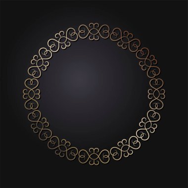 Dekoratif açılış çerçevesi, siyah arkaplanda altın soyut desenli. Dairesel süs. Tasarım için zarif bir unsur. Vektör.